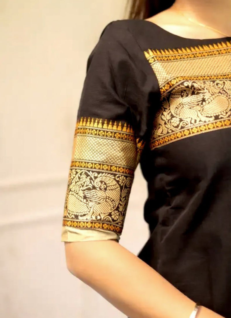 Black Kanchi Cotton Woven Kurta And Dupatta For Casual Wear