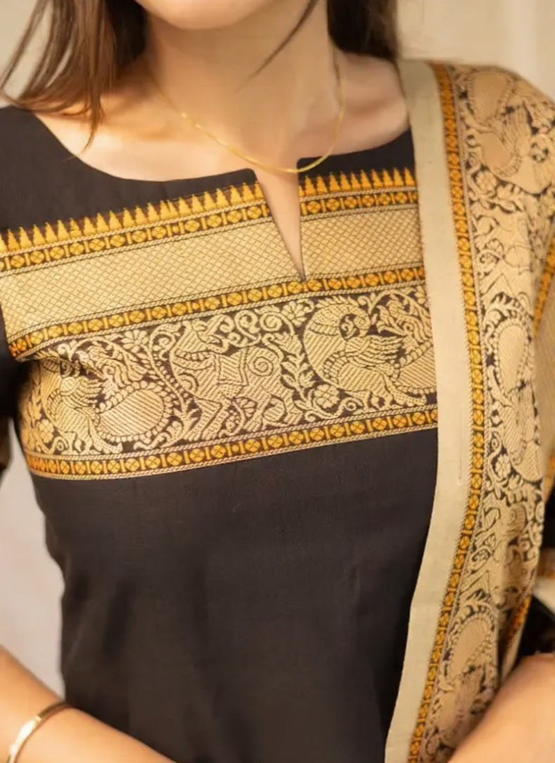 Black Kanchi Cotton Woven Kurta And Dupatta For Casual Wear