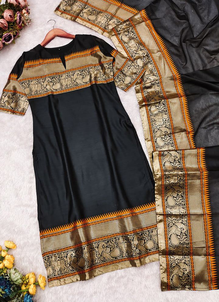 Black Kanchi Cotton PartyWear Kurti With Dupatta