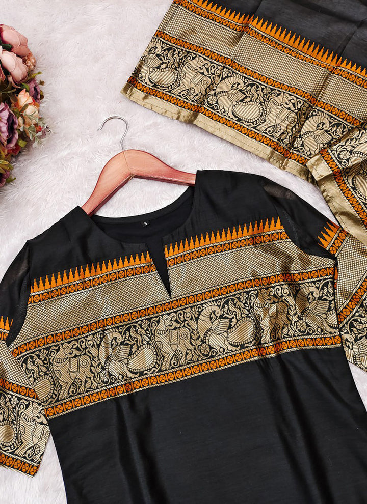 Black Kanchi Cotton Woven Kurta And Dupatta For Casual Wear