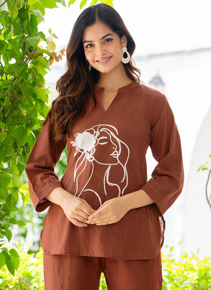 Brown Crepe Embroidered Outwear Cord Set