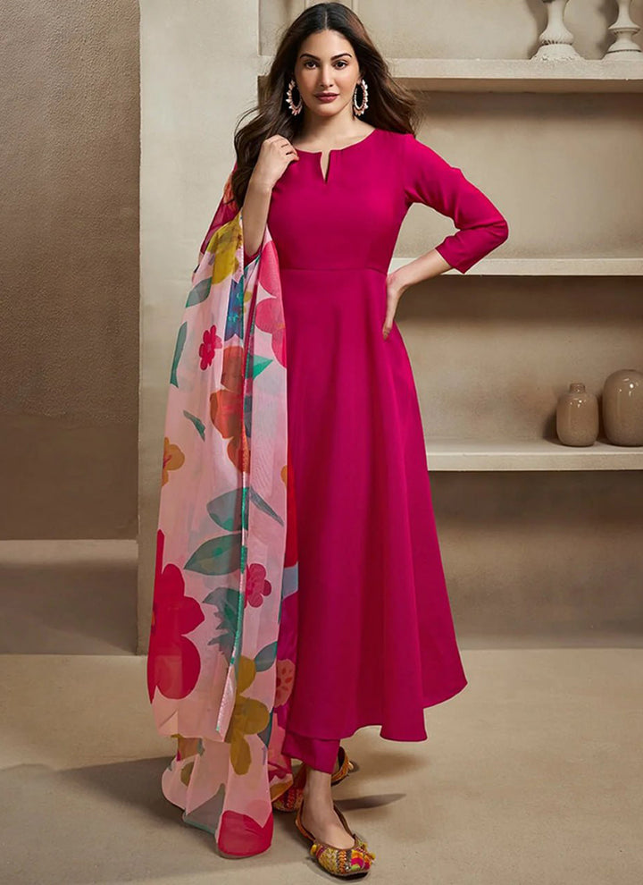 Rani Pink Chanderi Cotton Plain Festive Kurta Set