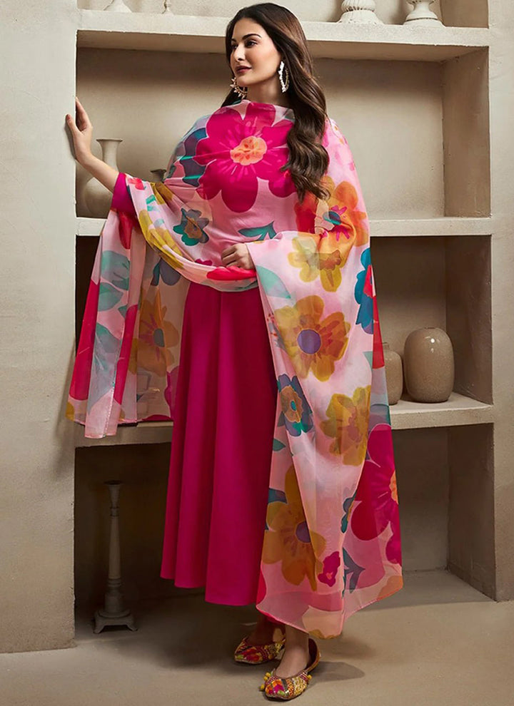 Rani Pink Chanderi Cotton Plain Festive Kurta Set