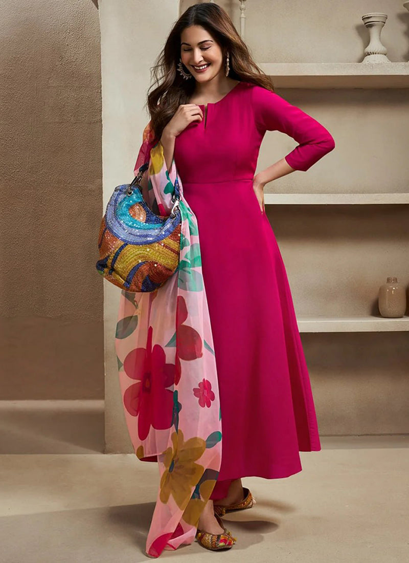 Rani Pink Chanderi Cotton Plain Festive Kurta Set