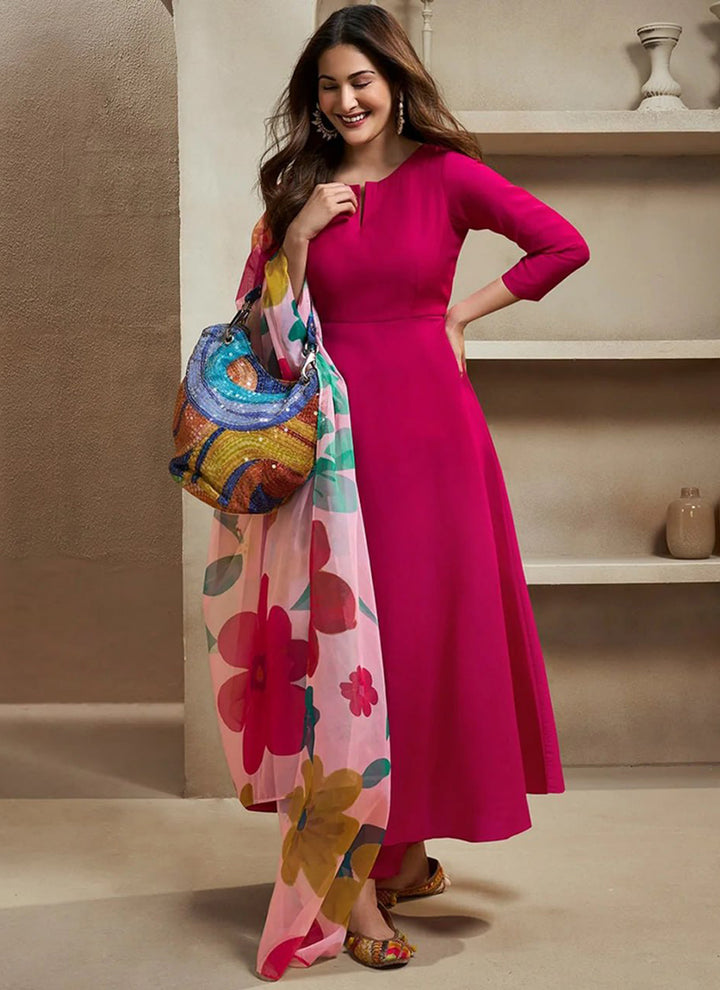 Rani Pink Chanderi Cotton Plain Festive Kurta Set