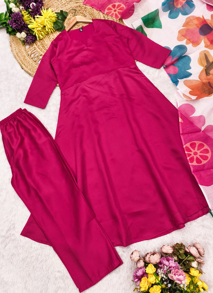 Rani Pink Chanderi Cotton Plain Festive Kurta Set