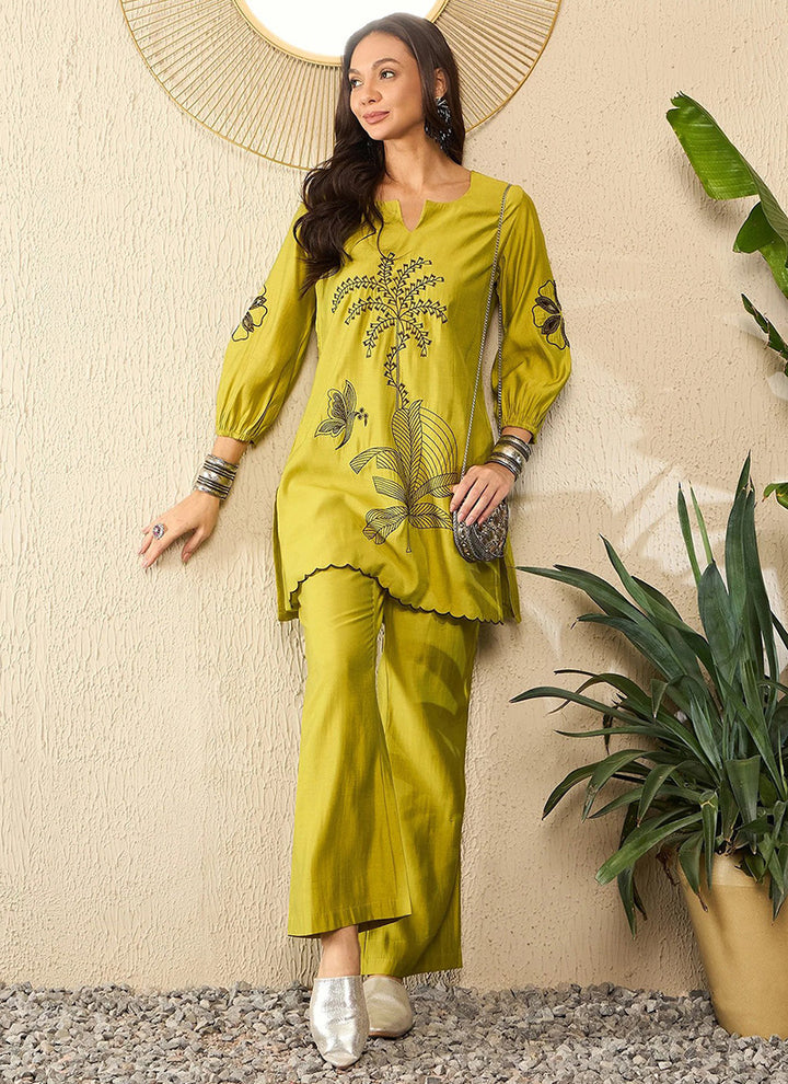 Lime Green Embroidered Crepe Outwear Cord Set