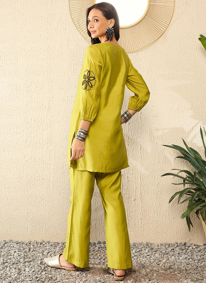 Lime Green Embroidered Crepe Outwear Cord Set