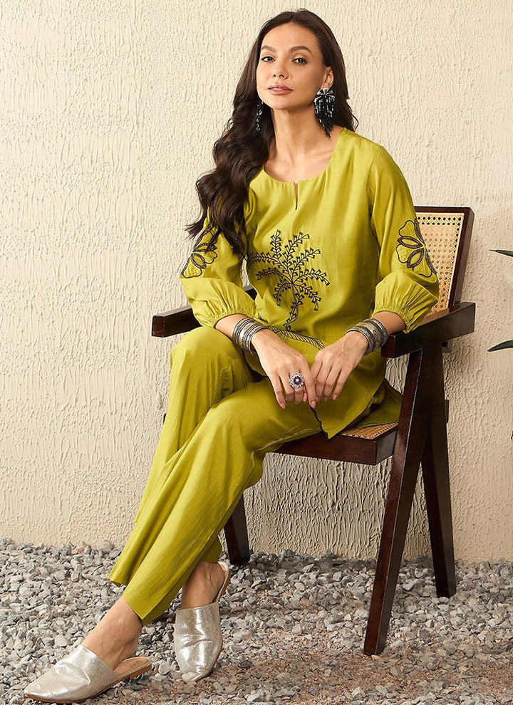 Lime Green Embroidered Crepe Outwear Cord Set