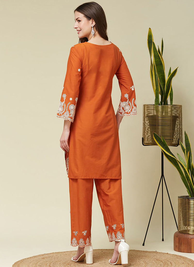 Orange Crepe Embroidered Outwear Cord Set
