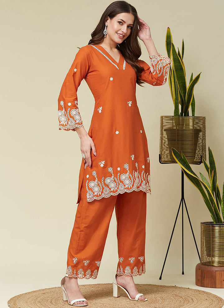Orange Crepe Embroidered Outwear Cord Set