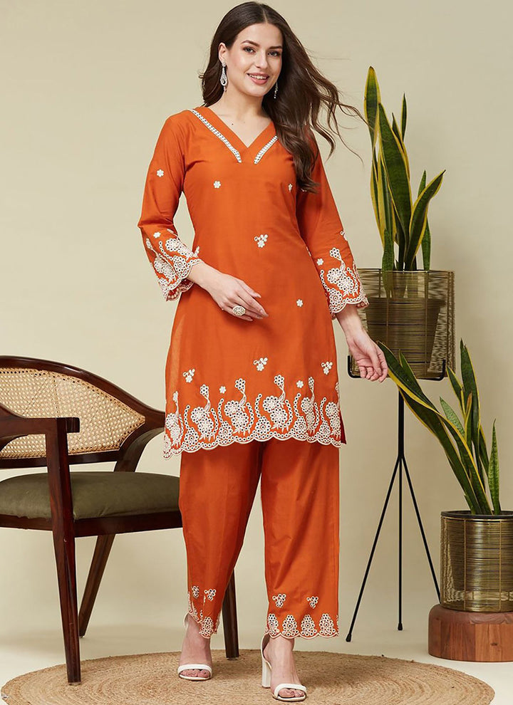 Orange Crepe Embroidered Outwear Cord Set
