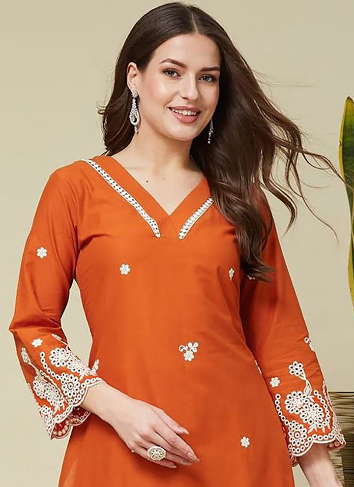 Orange Crepe Embroidered Outwear Cord Set