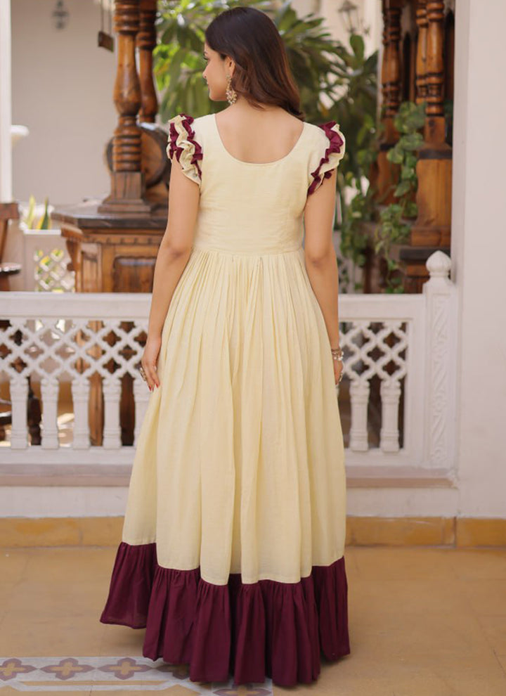 Cream Cotton Embroidered Party Wear Long Gown