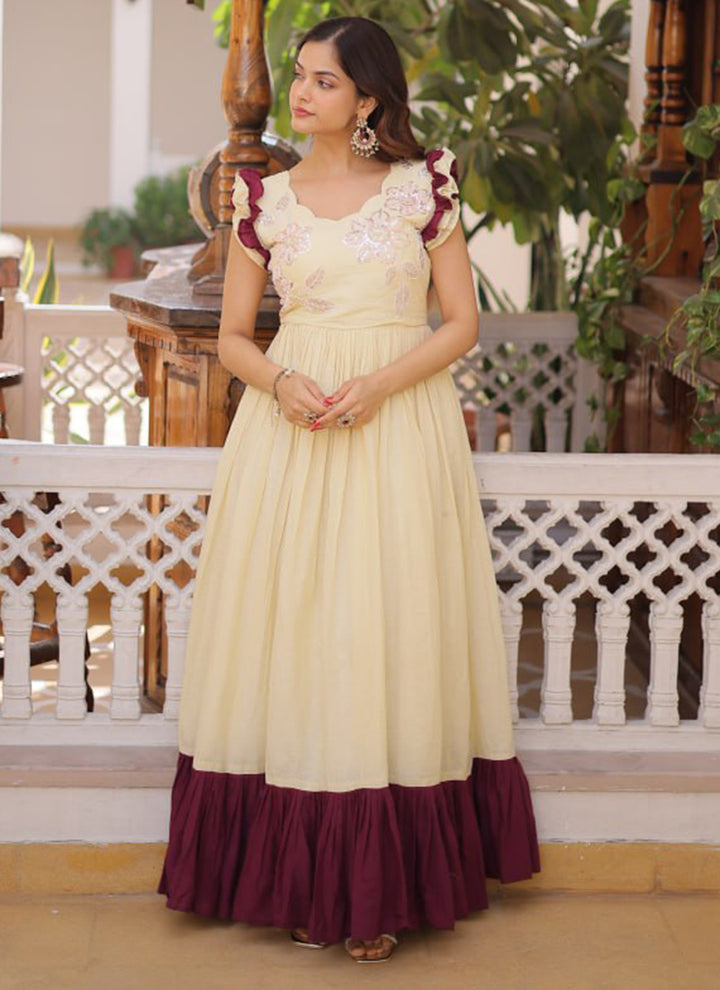 Cream Cotton Embroidered Party Wear Long Gown