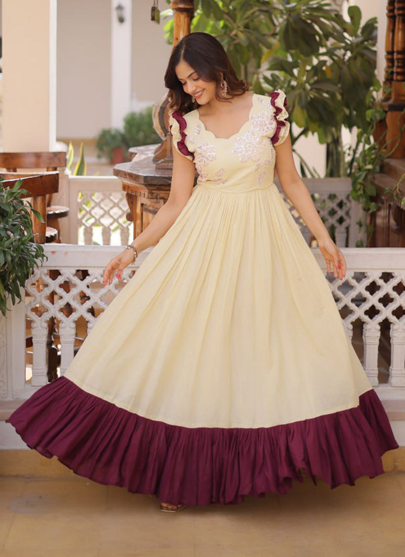Cream Cotton Embroidered Party Wear Long Gown
