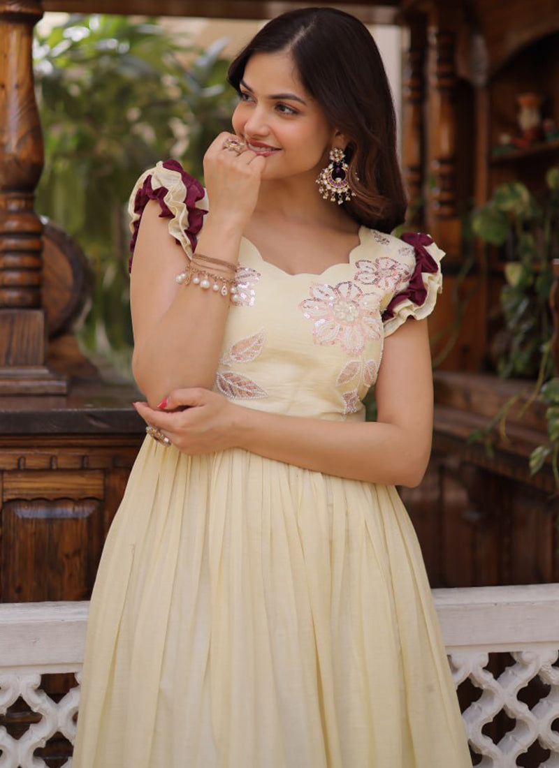 Cream Cotton Embroidered Party Wear Long Gown