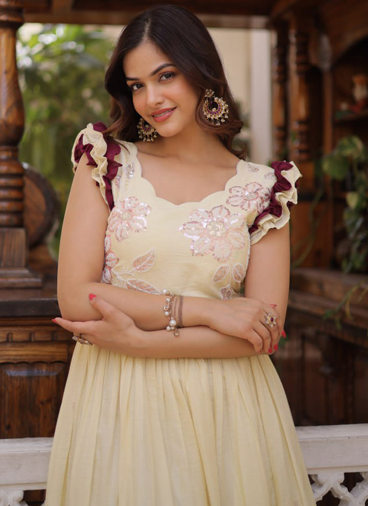 Cream Cotton Embroidered Party Wear Long Gown