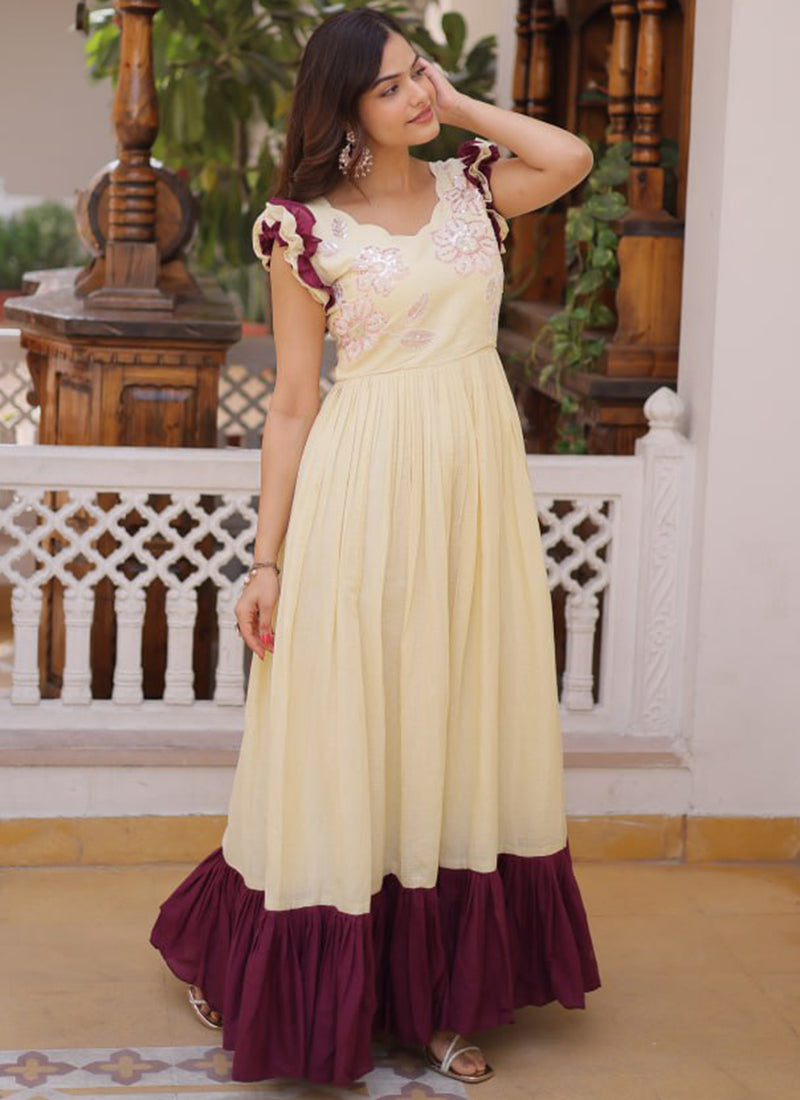 Cream Cotton Embroidered Party Wear Long Gown