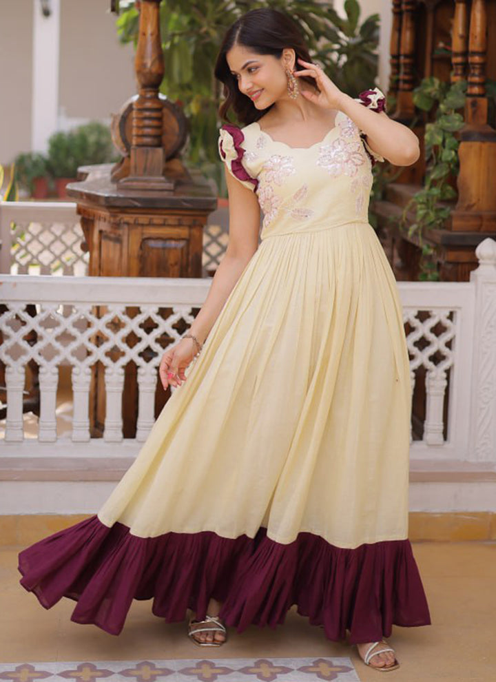Cream Cotton Embroidered Party Wear Long Gown