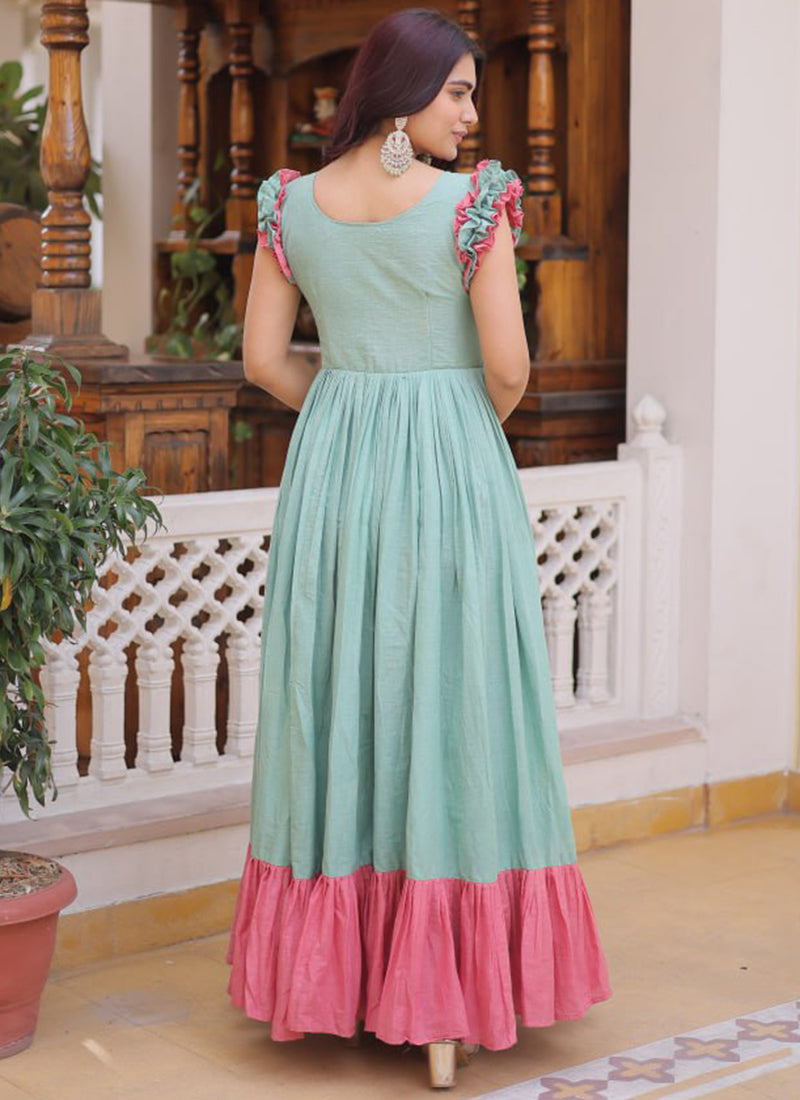 Pista Green Cotton Embroidered Party Wear Long Gown