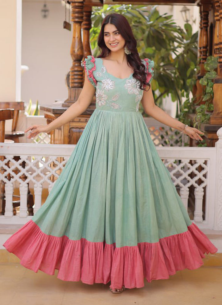 Pista Green Cotton Embroidered Party Wear Long Gown