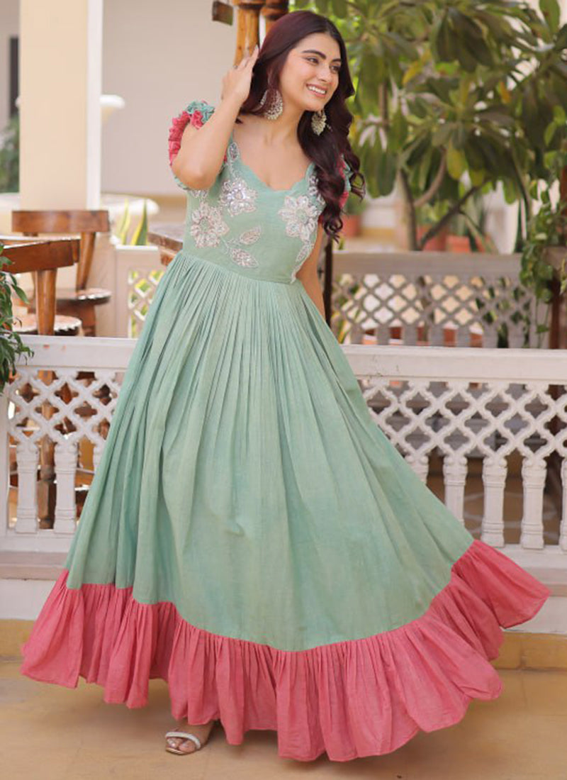 Pista Green Cotton Embroidered Party Wear Long Gown