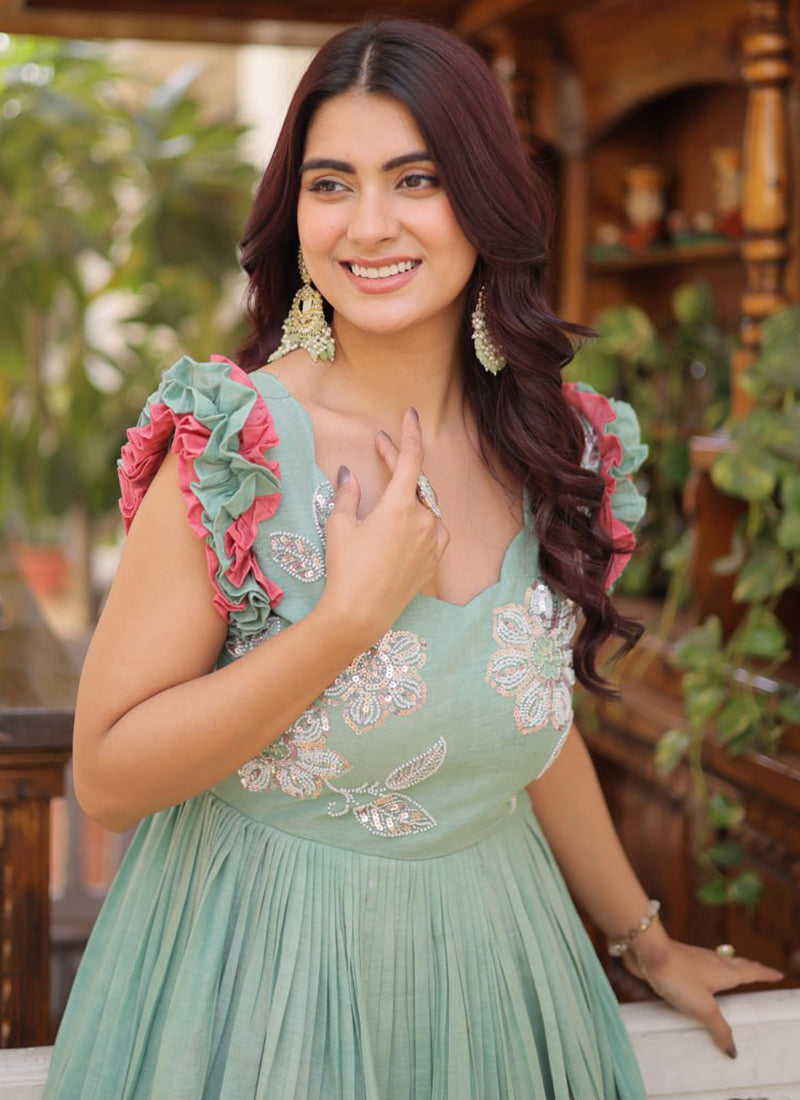 Pista Green Cotton Embroidered Party Wear Long Gown