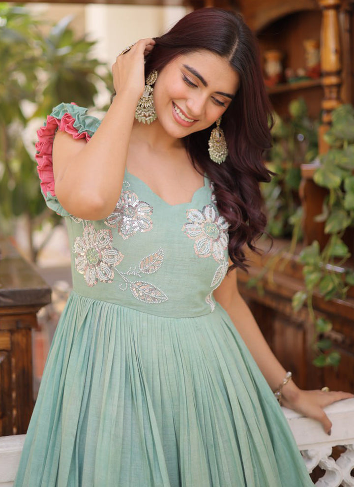 Pista Green Cotton Embroidered Party Wear Long Gown