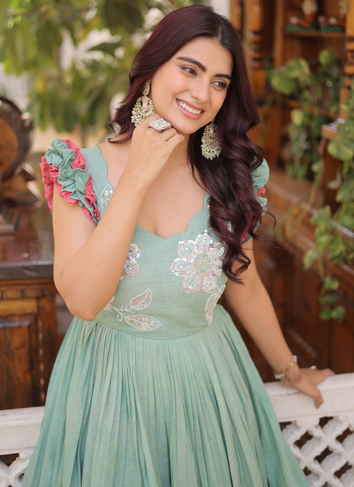 Pista Green Cotton Embroidered Party Wear Long Gown