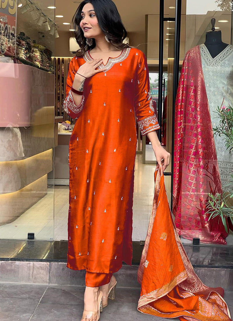 Orange Roman Silk Embroidered Pant Style Kurta Set