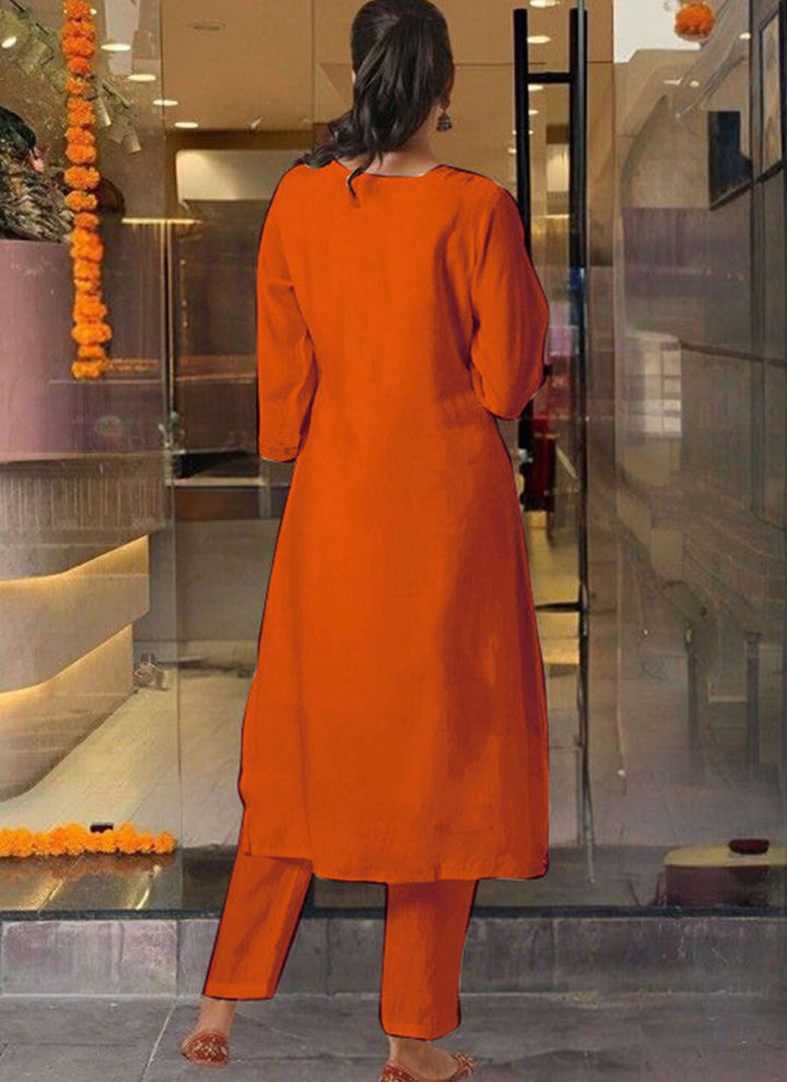 Orange Roman Silk Embroidered Pant Style Kurta Set