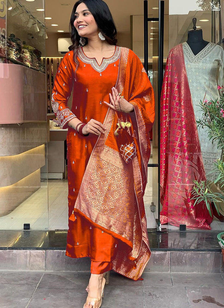 Orange Roman Silk Embroidered Pant Style Kurta Set