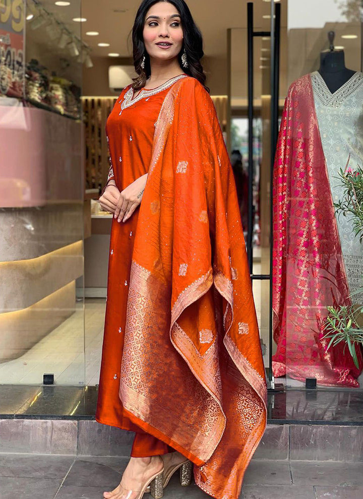 Orange Roman Silk Embroidered Pant Style Kurta Set