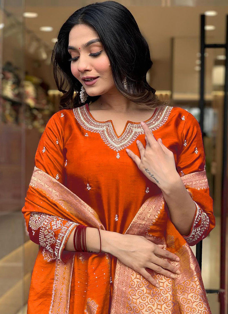 Orange Roman Silk Embroidered Pant Style Kurta Set