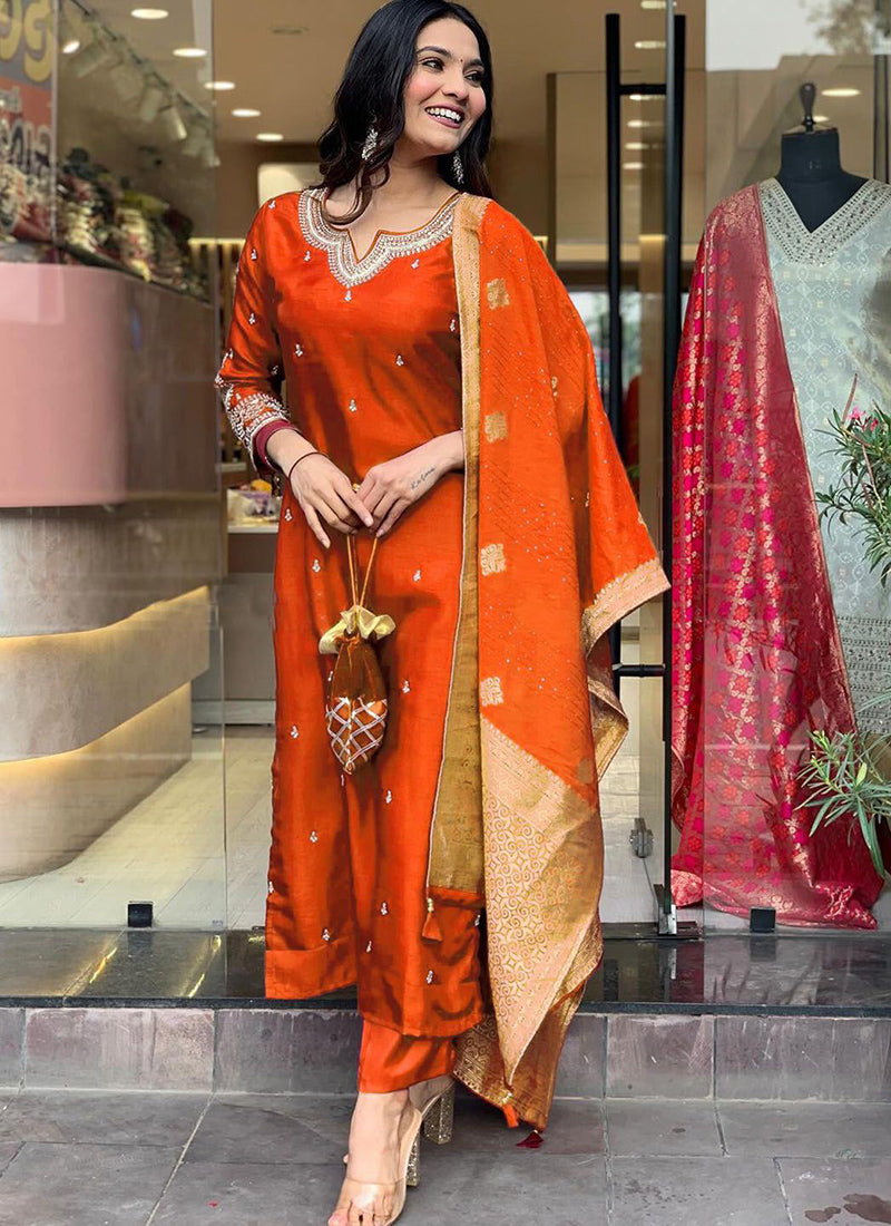 Orange Roman Silk Embroidered Pant Style Kurta Set