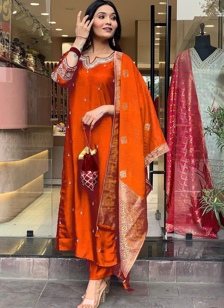 Orange Roman Silk Embroidered Pant Style Kurta Set