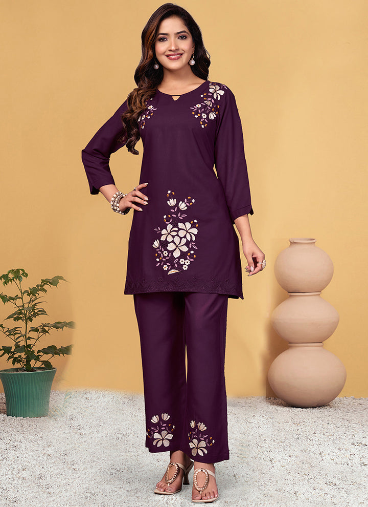 Purple Viscose Rayon Embroidered Cord Set