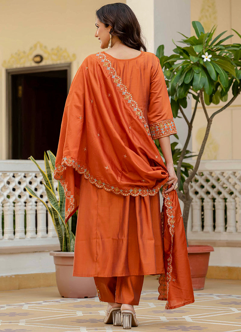 Orange Viscose Roman Silk Layered Kurta Set