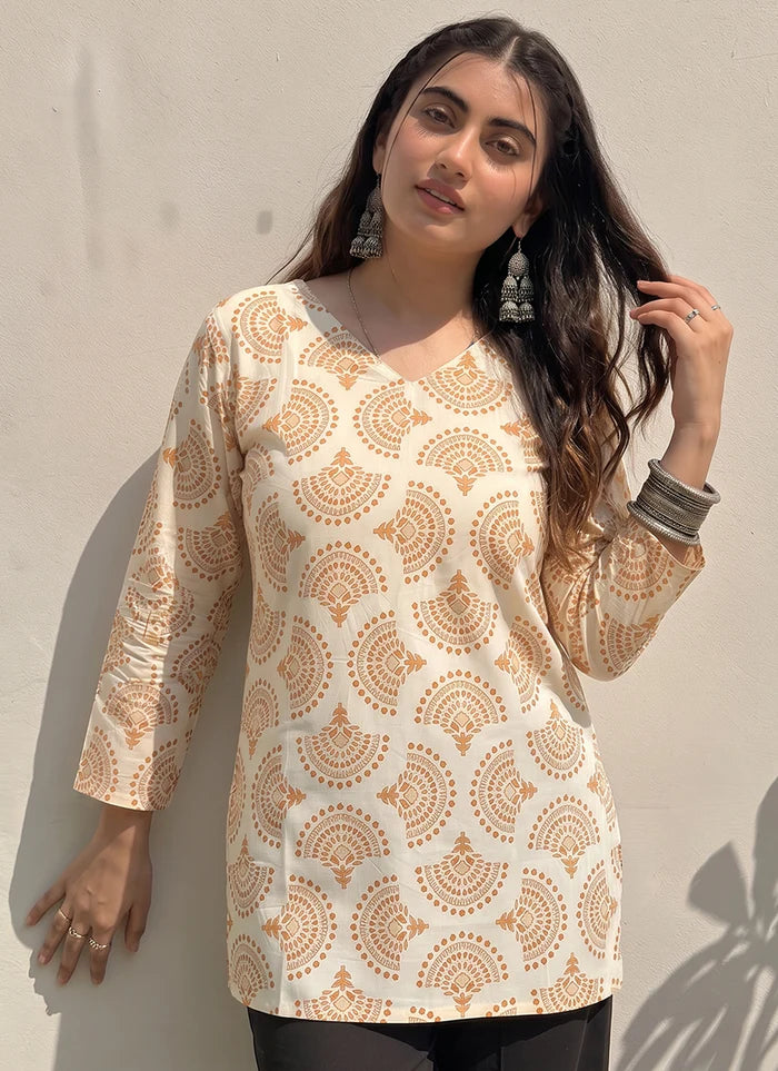 Off White Cotton Printed V Neck Office Wear Kurti