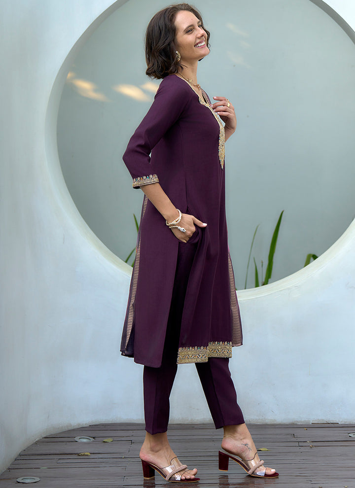 Wine Embroidered Straight Kurta Set With Dupatta