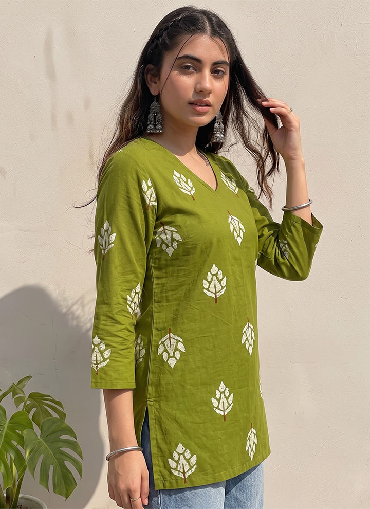 Green Cotton Printed V Neck OutWear Kurti