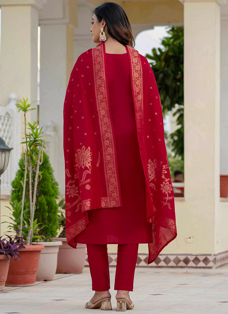 Maroon Embroidered Roman Silk Festive Kurta Set