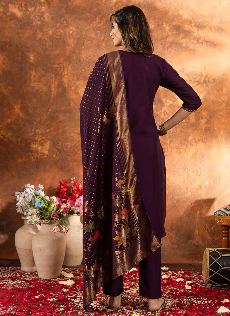 Wine Marian Silk Thread Work Kurta Set