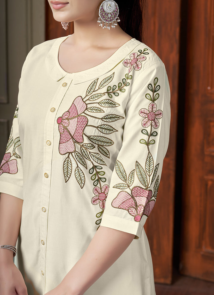 Cream Rayon Embroidered Cord Set For Special Occasions