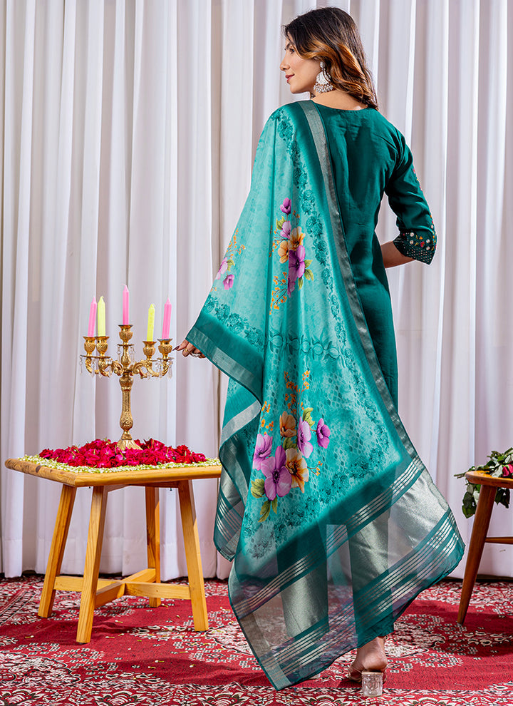 Green Viscose Silk Thread Work Festive Kurta Set