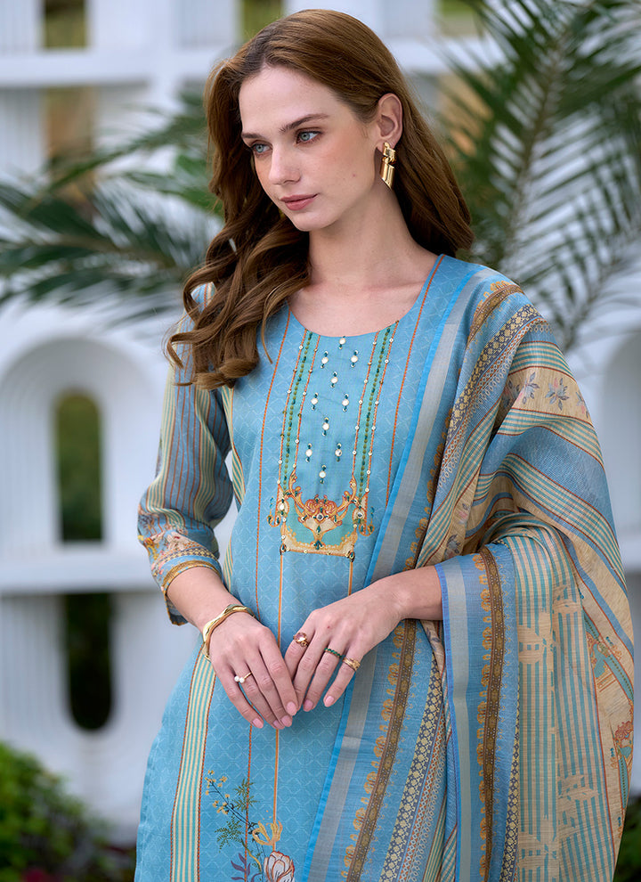 Sky Blue Silk Blend Printed Kurta Set For Festive