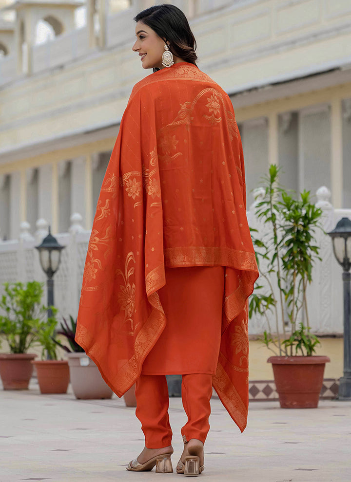 Orange Roman Silk Embroidered Kurta Set For Festive