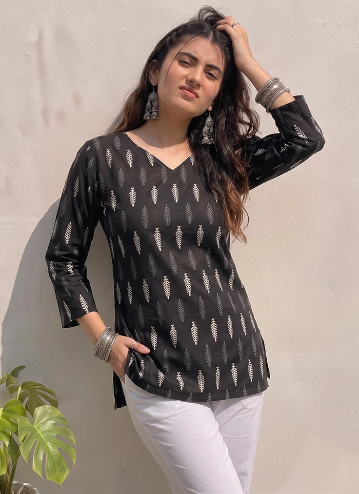 Black Cotton Printed V Neck Office Wear Kurti