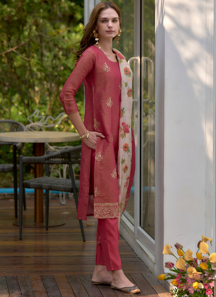 Red Tissue Kurta With Trouser And Dupatta